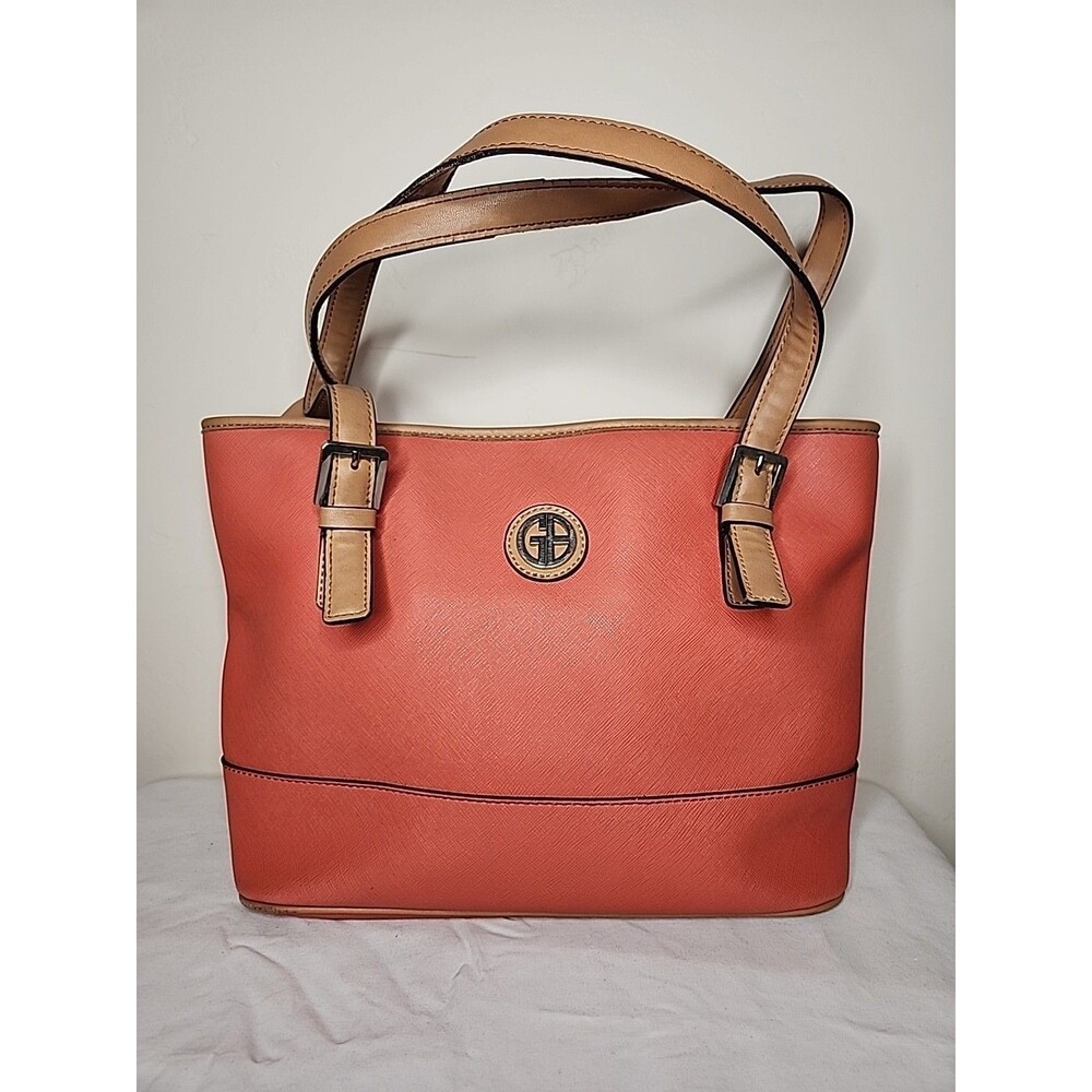 Giani Bernini Saffiano Tote Coral With Tan Trim Purse Shoulder Bag Faux Leather